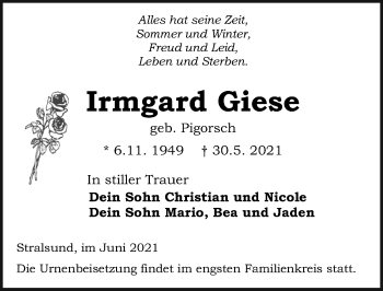 Traueranzeige von Irmgard Giese von Ostsee-Zeitung GmbH