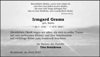 Traueranzeige von Irmgard Grams von Ostsee-Zeitung GmbH