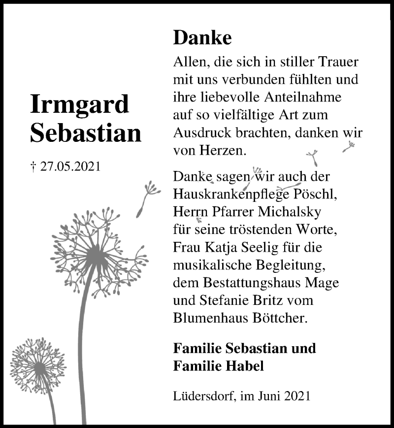  Traueranzeige für Irmgard Sebastian vom 12.06.2021 aus Märkischen Allgemeine Zeitung