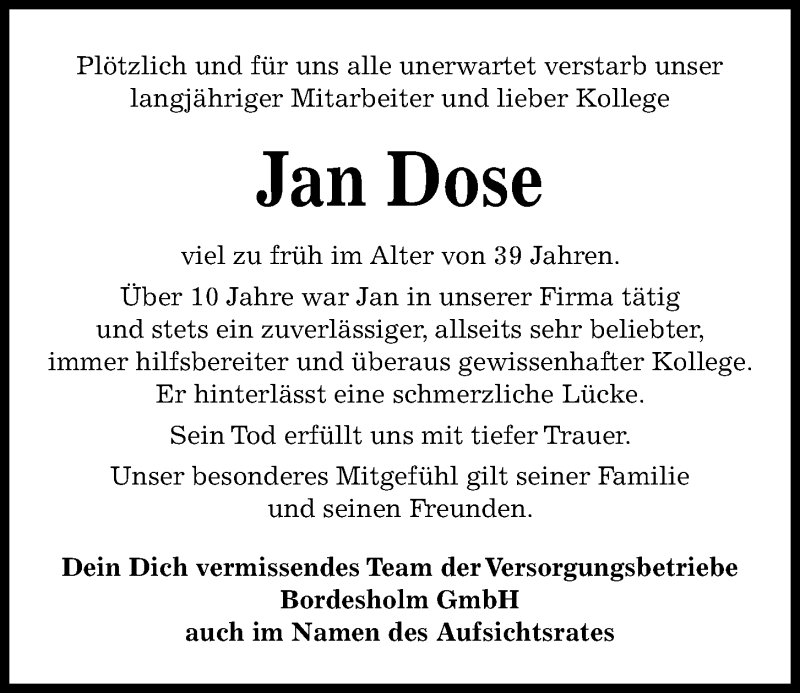  Traueranzeige für Jan Dose vom 05.06.2021 aus Kieler Nachrichten