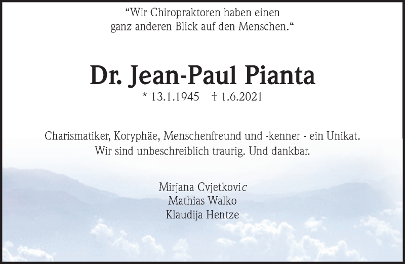  Traueranzeige für Jean-Paul Pianta vom 05.06.2021 aus Hannoversche Allgemeine Zeitung/Neue Presse