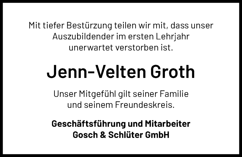  Traueranzeige für Jenn-Velten Groth vom 12.06.2021 aus Kieler Nachrichten