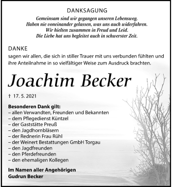 Traueranzeige von Joachim Becker von Torgauer Zeitung