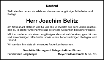 Traueranzeige von Joachim Belitz von Märkischen Allgemeine Zeitung