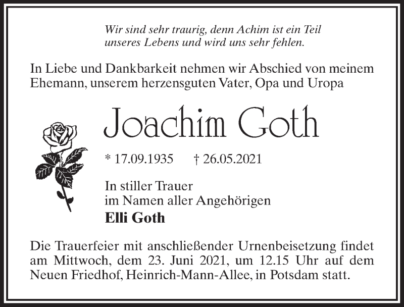  Traueranzeige für Joachim Goth vom 12.06.2021 aus Märkischen Allgemeine Zeitung
