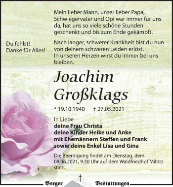 Traueranzeige von Joachim Großklags von Leipziger Volkszeitung