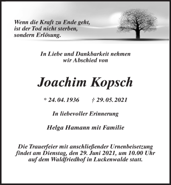 Traueranzeige von Joachim Kopsch von Märkischen Allgemeine Zeitung