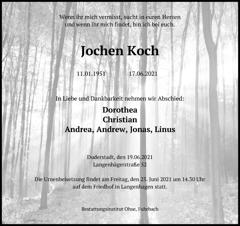  Traueranzeige für Jochen Koch vom 19.06.2021 aus Eichsfelder Tageblatt