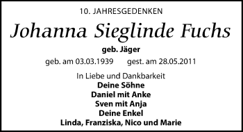 Traueranzeige von Johanna Sieglinde Fuchs von Leipziger Volkszeitung
