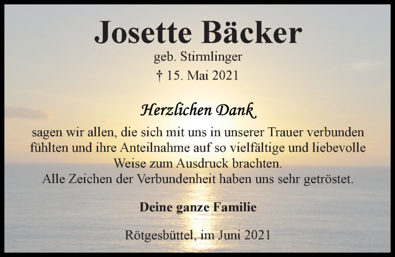  Traueranzeige für Josette Bäcker vom 12.06.2021 aus Aller Zeitung