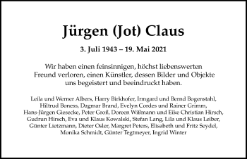 Traueranzeige von Jürgen  Claus von Hannoversche Allgemeine Zeitung/Neue Presse