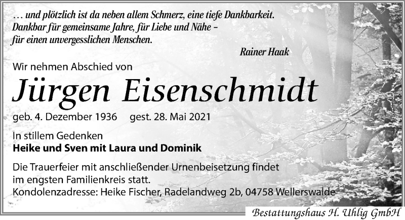 Traueranzeige für Jürgen Eisenschmidt vom 12.06.2021 aus Leipziger Volkszeitung
