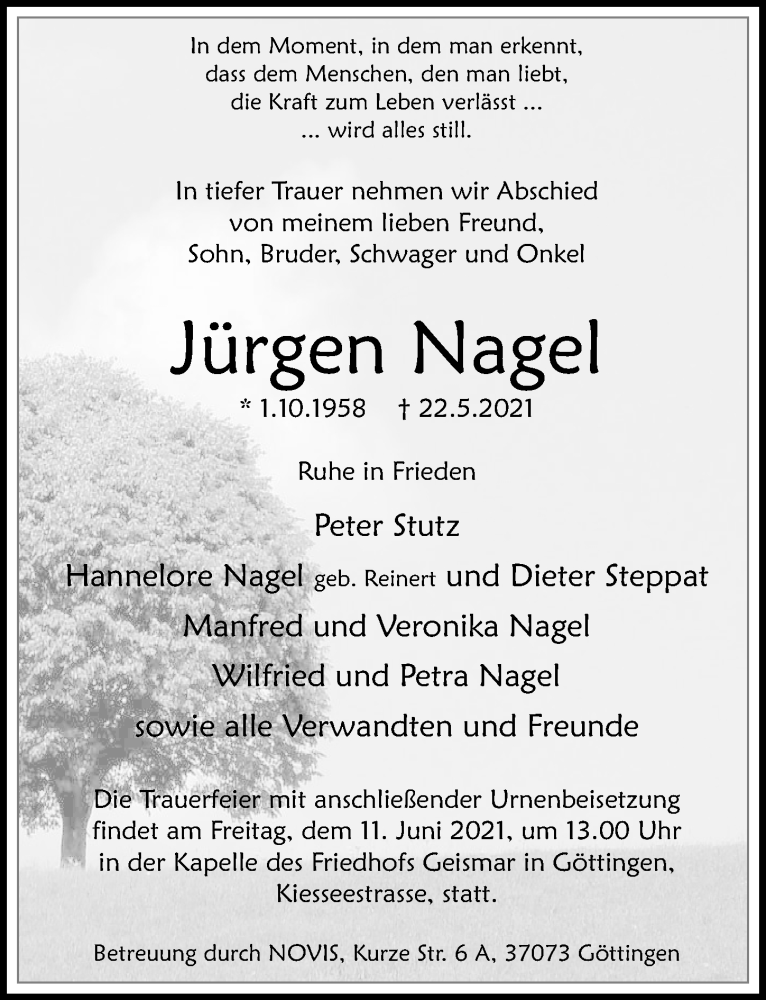  Traueranzeige für Jürgen Nagel vom 05.06.2021 aus Göttinger Tageblatt