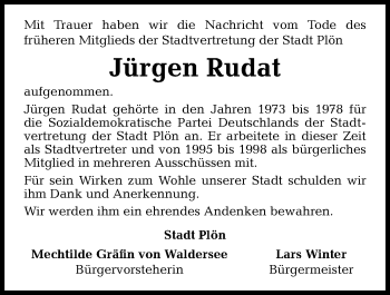 Traueranzeige von Jürgen Rudat von Kieler Nachrichten