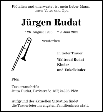 Traueranzeige von Jürgen Rudat von Kieler Nachrichten