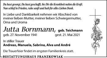 Traueranzeige von Jutta Bornmann von Leipziger Volkszeitung