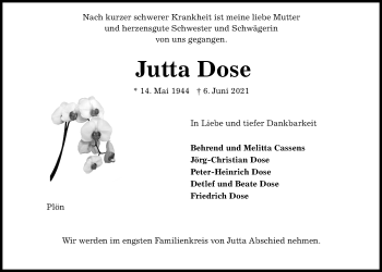 Traueranzeige von Jutta Dose von Kieler Nachrichten