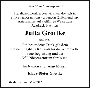 Traueranzeige von Jutta Grottke von Ostsee-Zeitung GmbH