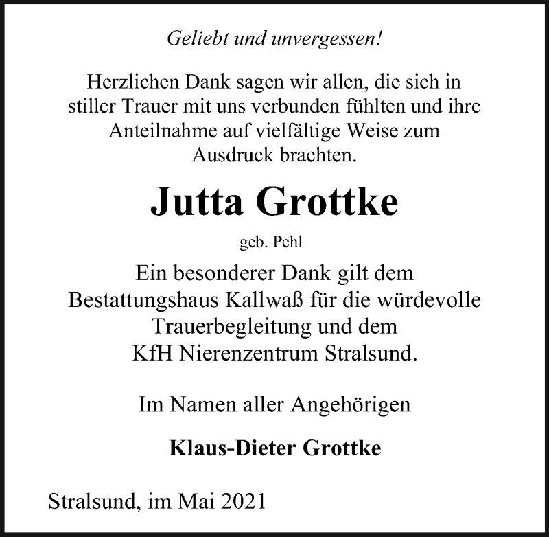  Traueranzeige für Jutta Grottke vom 05.06.2021 aus Ostsee-Zeitung GmbH