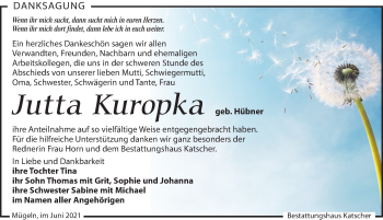 Traueranzeige von Jutta Kuropka von Leipziger Volkszeitung
