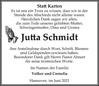 Traueranzeige von Jutta Schmidt von Hannoversche Allgemeine Zeitung/Neue Presse