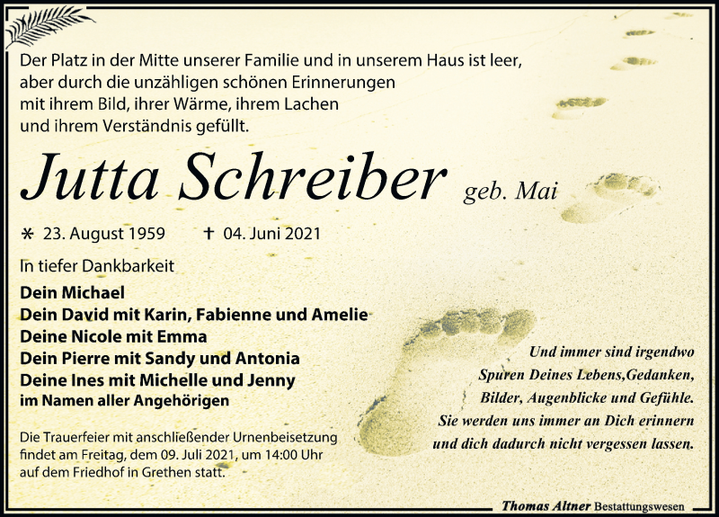  Traueranzeige für Jutta Schreiber vom 19.06.2021 aus Leipziger Volkszeitung