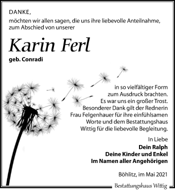 Traueranzeige von Karin Ferl von Leipziger Volkszeitung