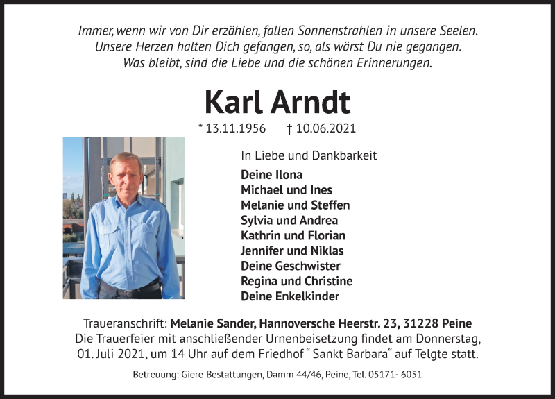  Traueranzeige für Karl Arndt vom 19.06.2021 aus Peiner Allgemeine Zeitung
