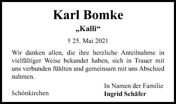 Traueranzeige von Karl Bomke von Kieler Nachrichten
