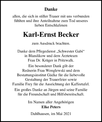 Traueranzeige von Karl-Ernst Becker von Märkischen Allgemeine Zeitung