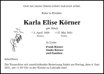 Traueranzeige von Karla Elise Körner von Kieler Nachrichten