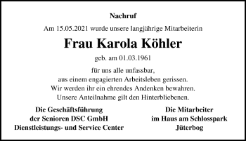 Traueranzeige von Karola Köhler von Märkischen Allgemeine Zeitung