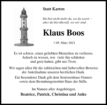 Traueranzeige von Klaus Boos von Ostsee-Zeitung GmbH
