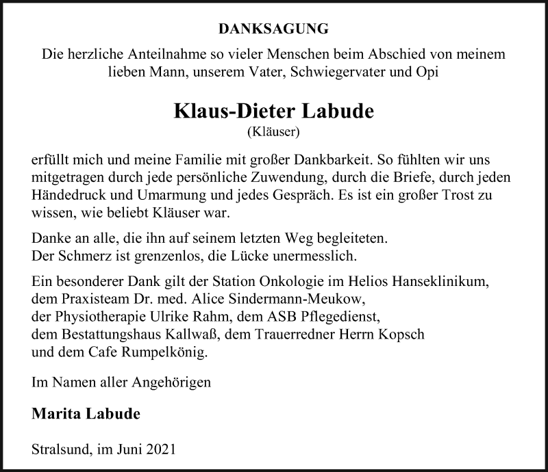  Traueranzeige für Klaus-Dieter Labude vom 19.06.2021 aus Ostsee-Zeitung GmbH