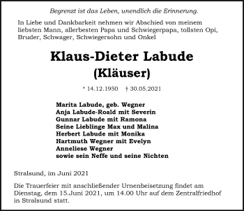 Traueranzeige von Klaus-Dieter Labude von Ostsee-Zeitung GmbH
