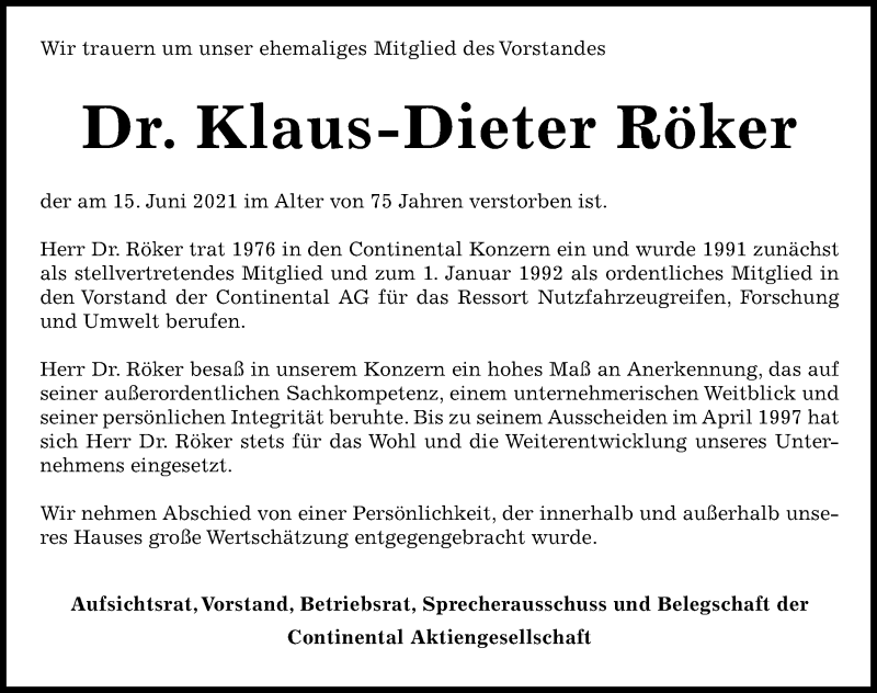  Traueranzeige für Klaus-Dieter Röker vom 19.06.2021 aus Hannoversche Allgemeine Zeitung/Neue Presse
