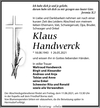 Traueranzeige von Klaus Handweck von Leipziger Volkszeitung