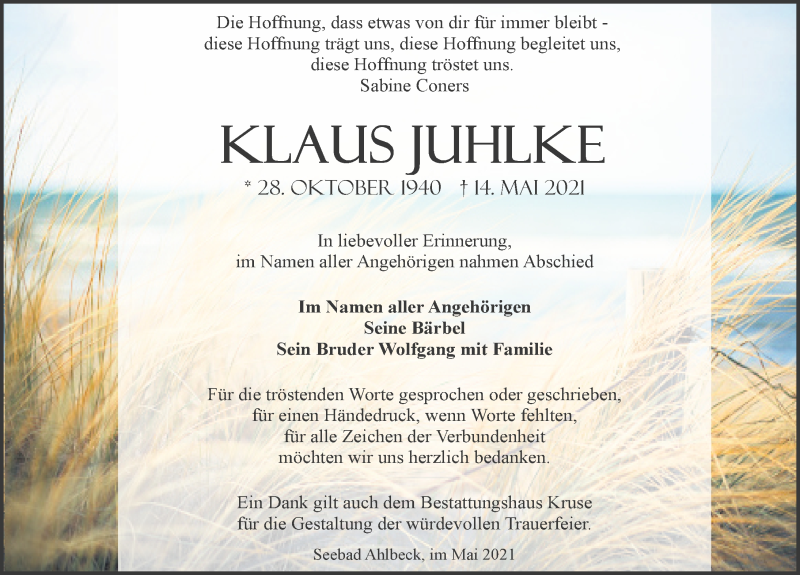  Traueranzeige für Klaus Juhlke vom 19.06.2021 aus Ostsee-Zeitung GmbH