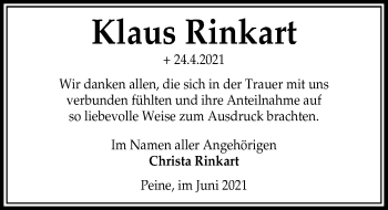 Traueranzeige von Klaus Rinkart von Peiner Allgemeine Zeitung
