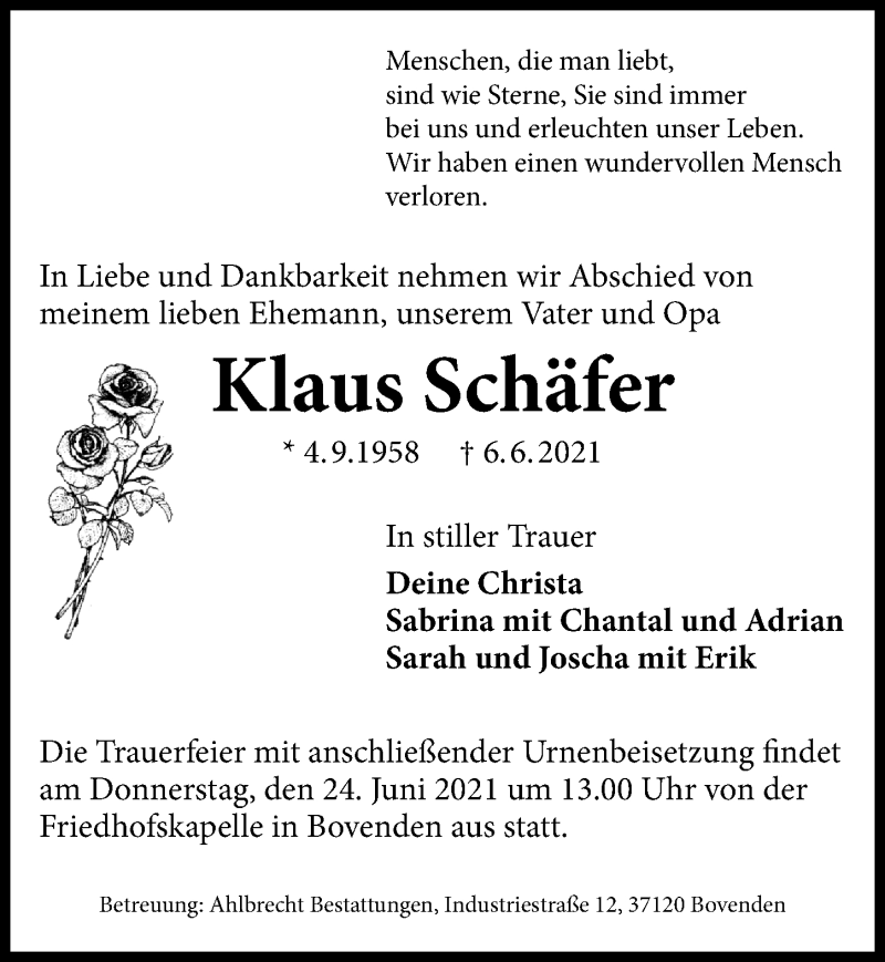  Traueranzeige für Klaus Schäfer vom 19.06.2021 aus Göttinger Tageblatt