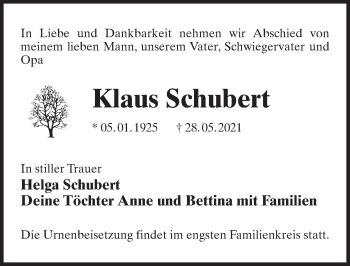 Traueranzeige von Klaus Schubert von Märkischen Allgemeine Zeitung
