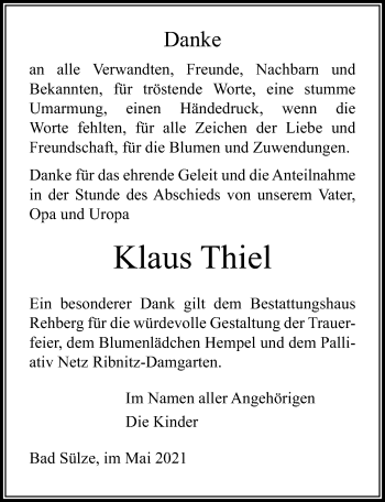 Traueranzeige von Klaus Thiel von Ostsee-Zeitung GmbH
