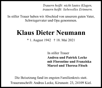 Traueranzeige von Klaus Dieter Neumann von Kieler Nachrichten