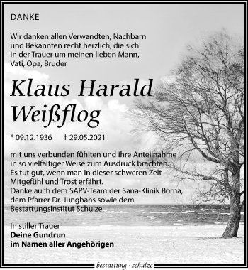 Traueranzeige von Klaus Harald Weißflog von Leipziger Volkszeitung