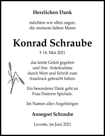 Traueranzeige von Konrad Schraube von Hannoversche Allgemeine Zeitung/Neue Presse