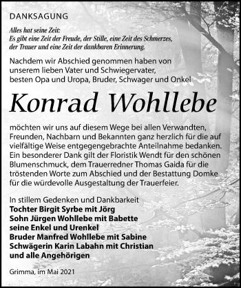 Traueranzeige von Konrad Wohllebe von Leipziger Volkszeitung