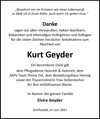 Traueranzeige von Kurt Geyder von Ostsee-Zeitung GmbH