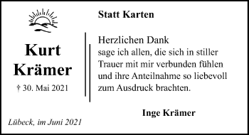 Traueranzeige von Kurt Krämer von Lübecker Nachrichten