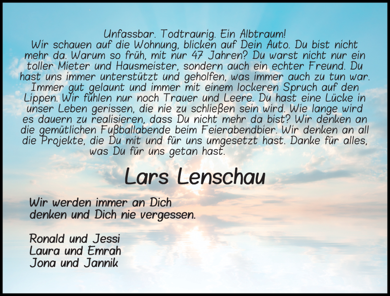 Traueranzeige für Lars Lenschau vom 19.06.2021 aus Kieler Nachrichten