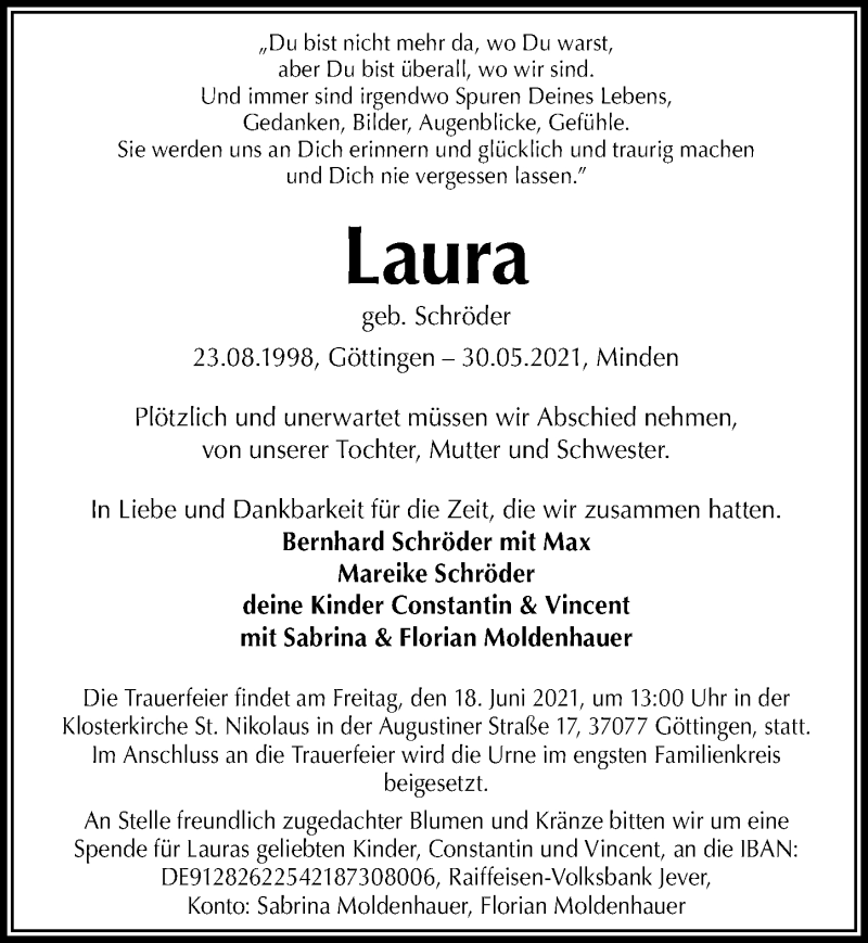  Traueranzeige für Laura Schröder vom 12.06.2021 aus Göttinger Tageblatt